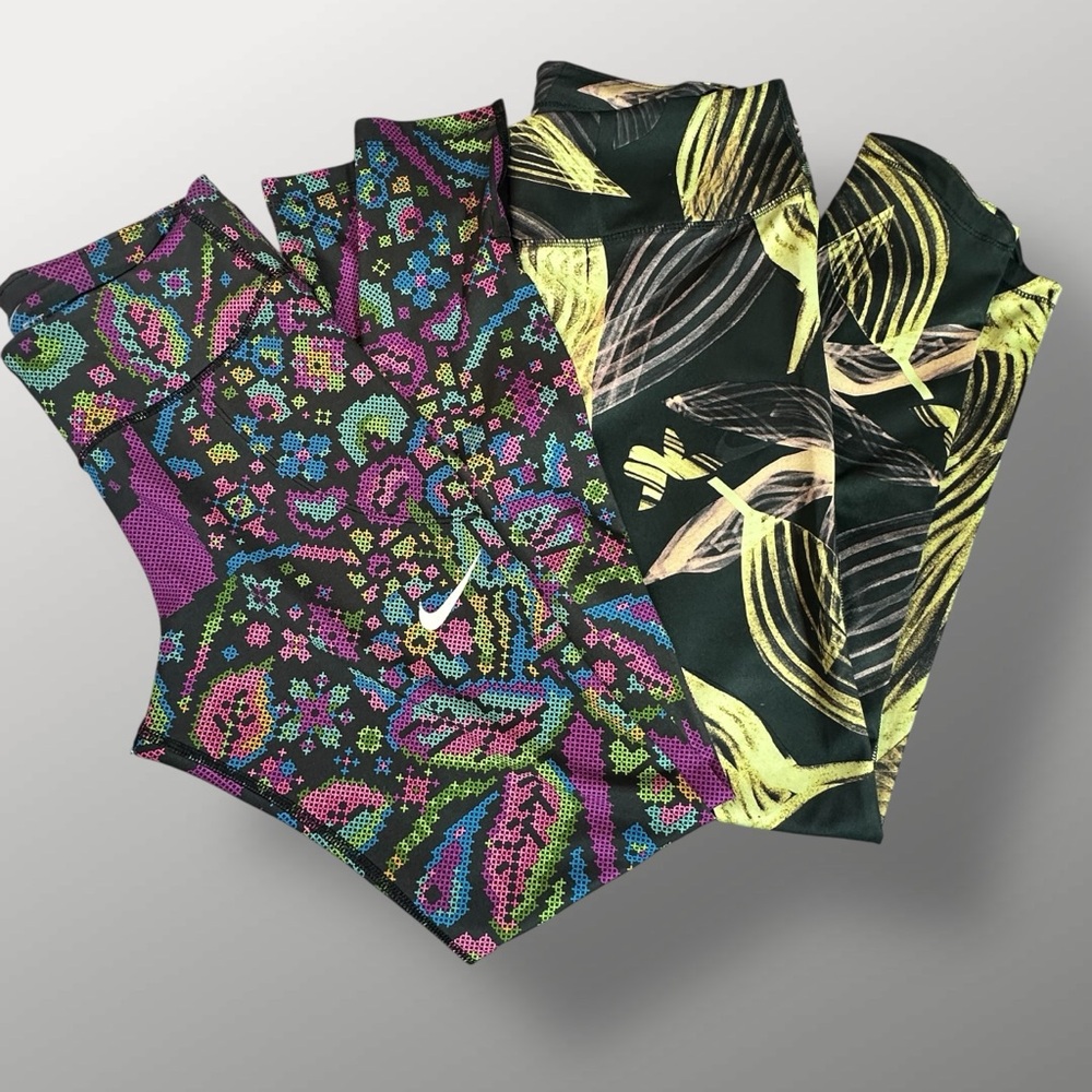 Nike Dri-Fit Women Small Colorful Multicolor Patterned Leggings Pockets Fun Logo